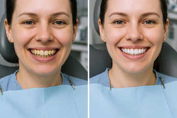 Split-screen image showing a woman in a dental chair before and after cosmetic dental treatment, highlighting a significant improvement in tooth color and alignment.