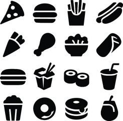 Black and White Fast Food Icons Set Pizza Burger Fries Hotdog