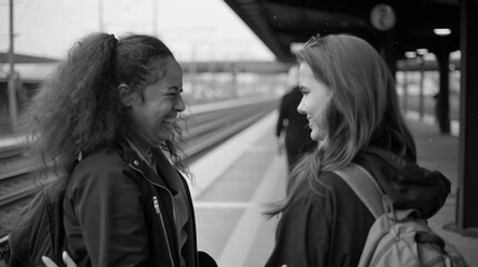 Two friends share a tight hug at a train station, a poignant moment of farewell or joyful reunion.

