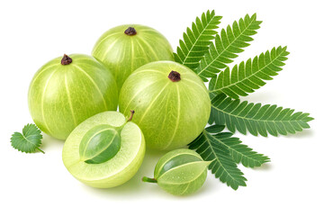 Five green amla fruits with leaves on white background in 4k detail