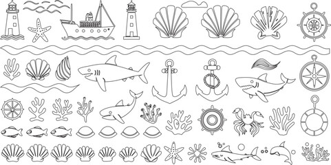Lighthouses, boats, shells, starfish, ship wheels, waves, anchors, sharks, coral, seaweed, fish, clams, and marine elements all drawn in fine outline styles Icons.