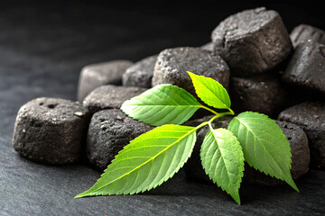 Charcoal briquettes with green leaves in high contrast studio close-up