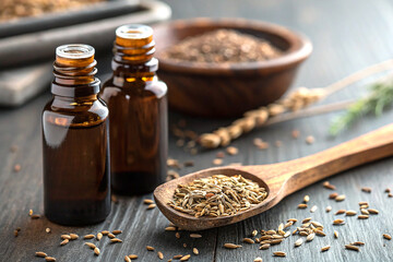 Dried cumin seeds with amber bottles on dark wood in natural lighting