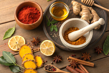 Spices and herbs on wooden table with turmeric, lemon, and honey mix