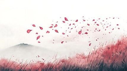 Watercolor Scene Delicate Petals Floating Over Grassy Field with Distant Hill - Serene Botanical Artwork