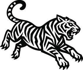 Obraz premium Black White Tiger Leaping Tribal Style Graphic stripes