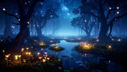 Enchanting night forest with glowing flora