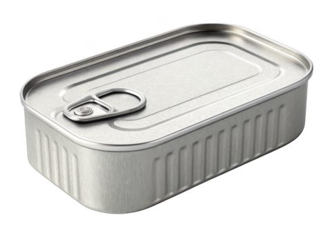 Rectangular metal tin can with pull tab for opening isolated on transparent background