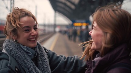 Two friends share a tight hug at a train station, a poignant moment of farewell or joyful reunion.

