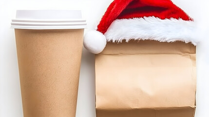 Blank paper coffee cup mockup with Santa hat