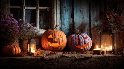 Obraz premium Front porch Halloween scene with glowing carved pumpkins, lit candles and rustic wood textures surrounded by flowers perfect for spooky seasonal decor and autumn celebration visuals