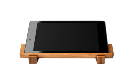 A single modern tablet on a wooden stand isolated on white background 