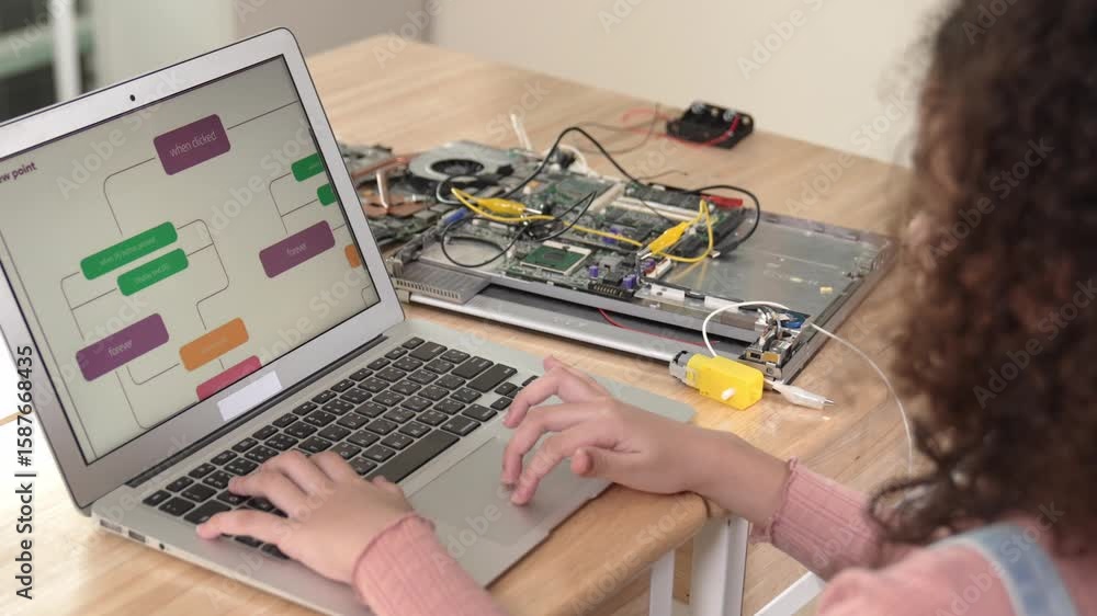 Poster back view of american girl coding engineering prompt while laptop screen display programing software