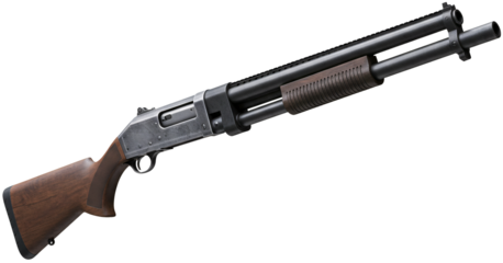 Tactical pumpaction shotgun with wooden stock and ribbed forend angled view.