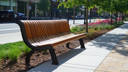 Bench on sidewalk in public outdoor setting