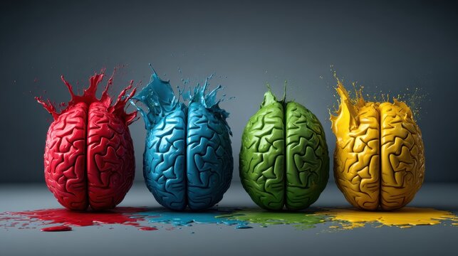 Conceptual row of colorful brains splashing with paint in red, blue, green and yellow representing creativity, diversity and abstract thinking perfect for design, art and innovation visuals