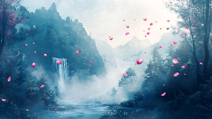 Serene Waterfall Scene with Falling Cherry Blossoms A Tranquil Escape in Nature's Embrace