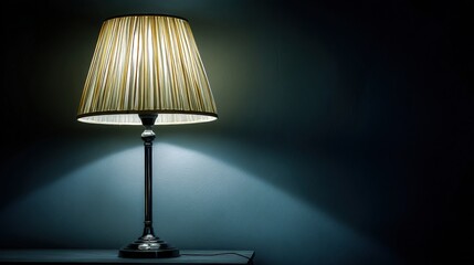 A warmly lit table lamp with a pleated shade casts a soft glow against a dark background, creating a cozy and inviting atmosphere.