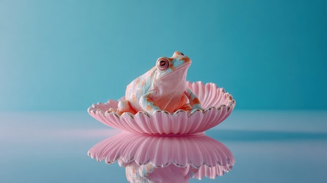 A pastel-colored frog sits on a pink, scalloped shell against a blue background, creating a whimsical and surreal scene with reflections.
