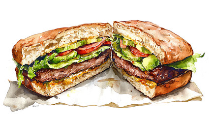 Watercolor Sandwich Illustration A Delectable Culinary Art Piece with Fresh Ingredients and Vibrant Colors on Textured Paper for Gastronomy Enthusiasts