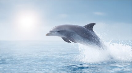 A dolphin leaps out of the ocean water under a bright sky, creating a splash as sunlight glows in the background.