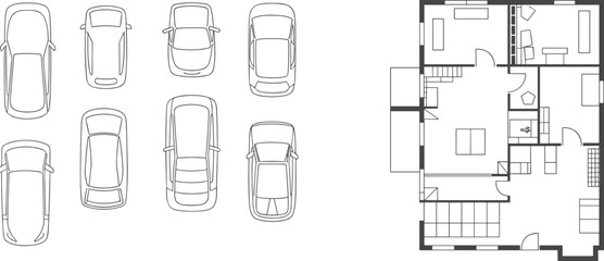 Top view car icons with architectural house floor plan layout, minimalist black and white vector blueprint for urban design and planning © Khadija Creatives