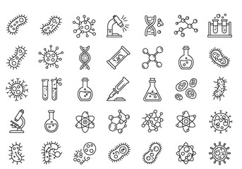 Collection of science and medical icons including bacteria virus dna and laboratory equipment in outline style