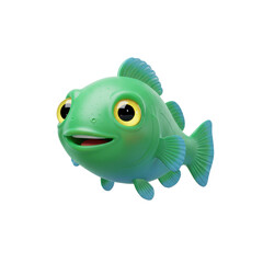 A cute green fish with blue fins and bright yellow eyes, Charming cartoon fish character with a cheerful expression and transparent background