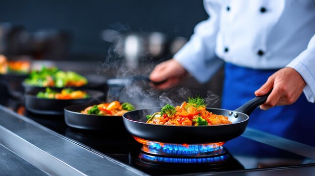 A chef in a white uniform cooks a colorful vegetable stir-fry in a pan over a blue flame in a professional kitchen setting.