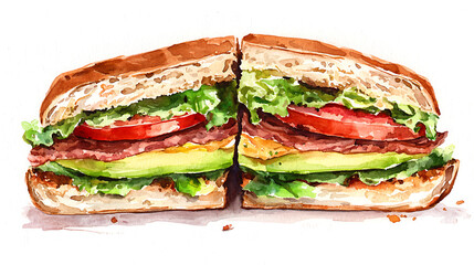 Delicious Watercolor Sandwich Illustration with Fresh Ingredients A Tasty Visual Feast for Food Lovers and Design Enthusiasts