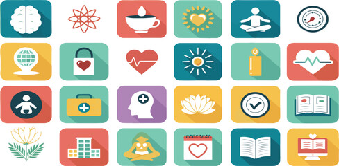 “Mental Health & Wellness Icons – Flat Color Vector Set”