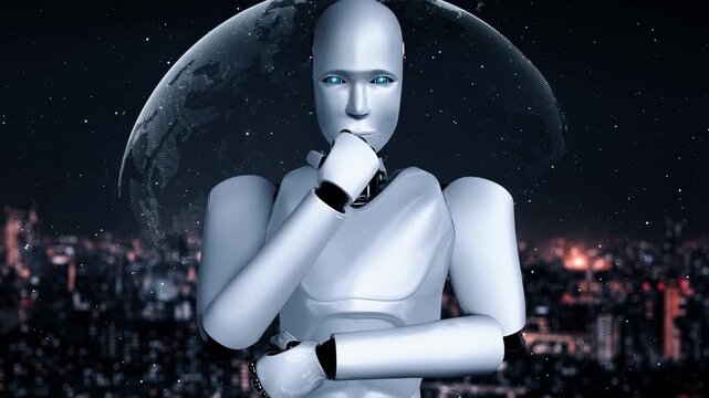 Futuristic robot artificial intelligence huminoid AI programming coding technology development and machine learning concept. Robotic bionic science research for future of human life. 3D rendering.