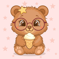 Adorable Fluffy Cartoon Brown Bear with ice cream. Vector illustration of the animal on a pink background with stars.