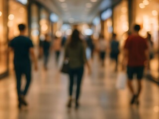 Blurred Shopping Mall Interior with People and Lights – Dynamic Retail and Lifestyle Background