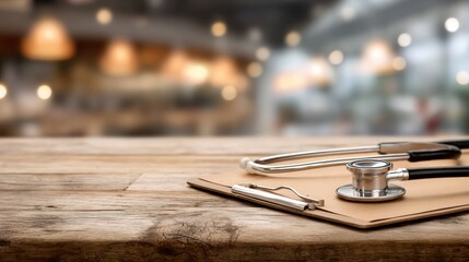 Obraz premium A stethoscope and clipboard rest on a wooden table in a blurred medical office setting, symbolizing healthcare and patient care.