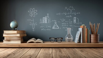 A wooden desk with books, a globe, glasses, and pencils against a chalkboard with science drawings and formulas.