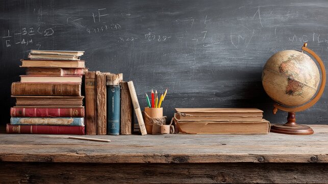 Vintage books, pencils, and a globe on a wooden desk in front of a chalkboard with mathematical equations.