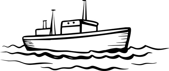 Cross border trading icon ship sketch on water simple line drawing for international business