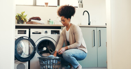 Cleaning, basket and laundry with woman and washing machine for clothes, hygiene and fabric...