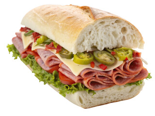 Hearty italian sub sandwich with salami cheese lettuce tomato and peppers isolated on transparent background