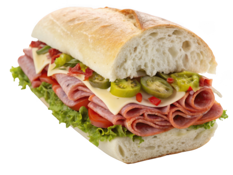 Hearty italian sub sandwich with salami cheese lettuce tomato and peppers isolated on transparent background