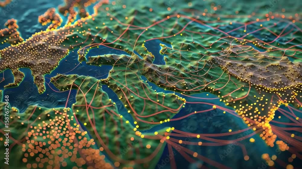 Poster colorful digital world map with network connections and data visualization elements