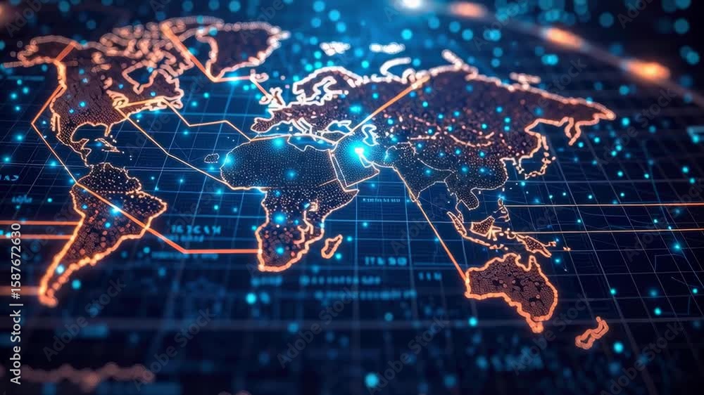 Poster futuristic digital world map with glowing points and technology background