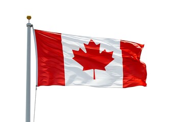A waving canadian flag with a red maple leaf on a white background attached to a metal flagpole