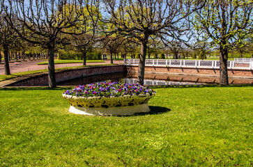 A large flower pot in the park in summer.