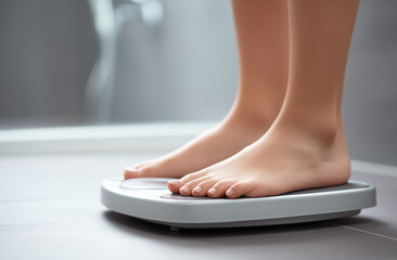 Close-up of a woman's feet standing on a bathroom scale, with a focus on the weight and body shape concept.