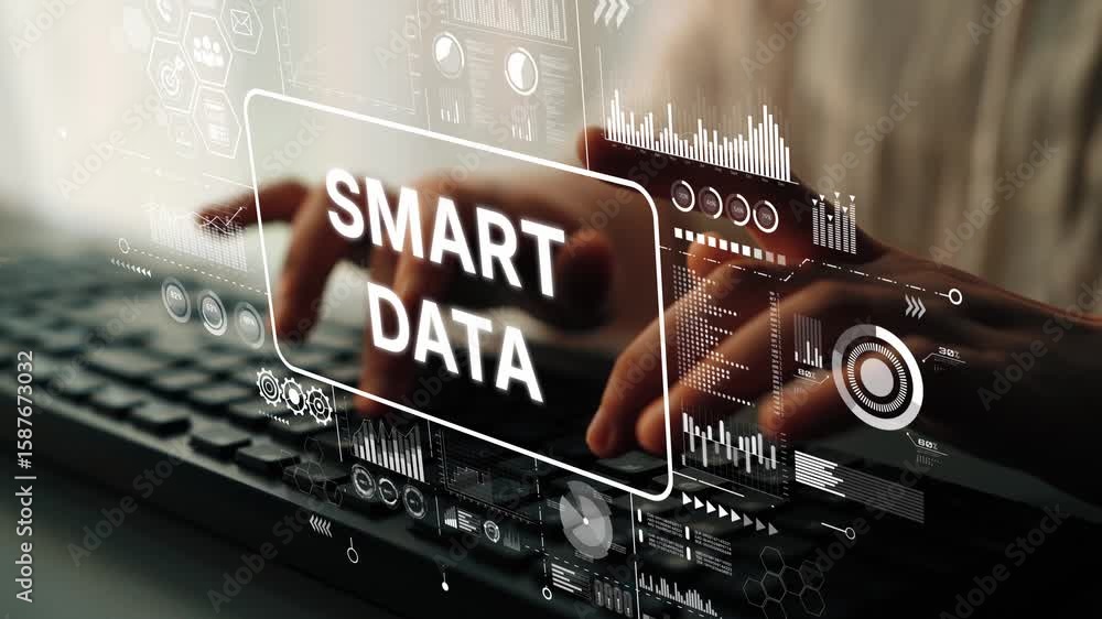 Poster smart data analysis concept with modern technology and hands typing on keyboard in digital environme
