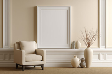 A photo of a large white picture frame on the wall in an elegant living room, with a simple and minimalistic style