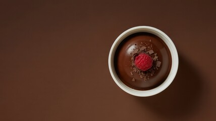 Overhead shot of chocolate mousse with raspberry topping