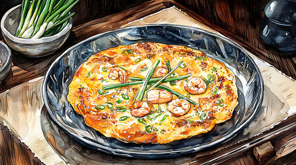 Seafood Pancake Delight A Culinary Illustration of Crispy Korean Pancakes with Shrimp and Green Onions on a Rustic Wooden Table